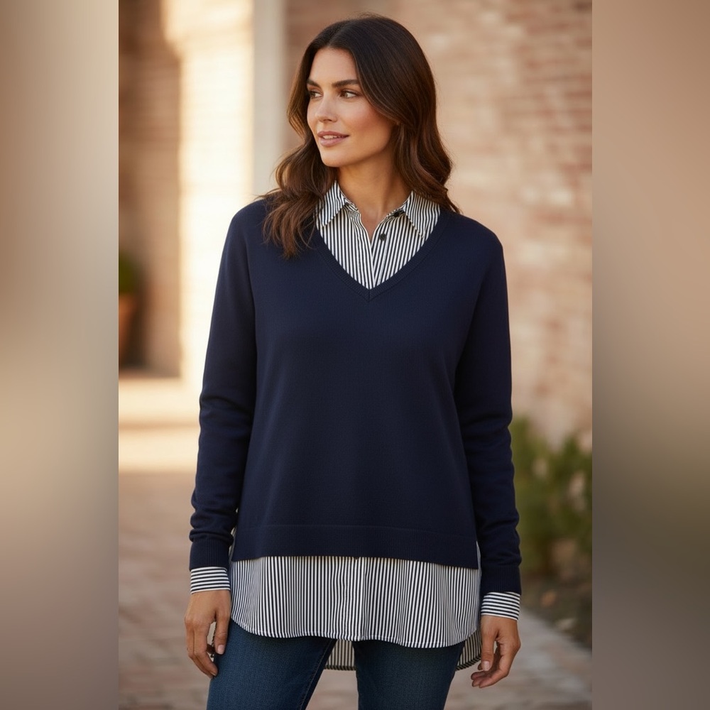 Adrianna Papell Navy Sweater Top with Striped Detail